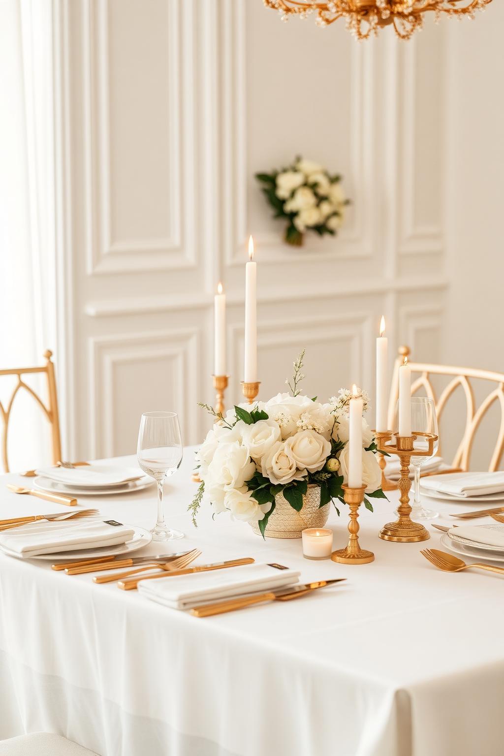 Elegant gedeckter Hochzeitstisch in Elfenbein und Gold